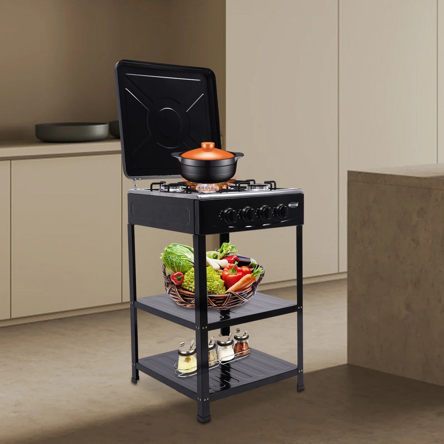 4 Burner Gas Stove Portable Outdoor Stove w/ Wind Blocking Cover , LPG Gas Stove with 2 Storage Shelves for RV, Outdoor Cooking