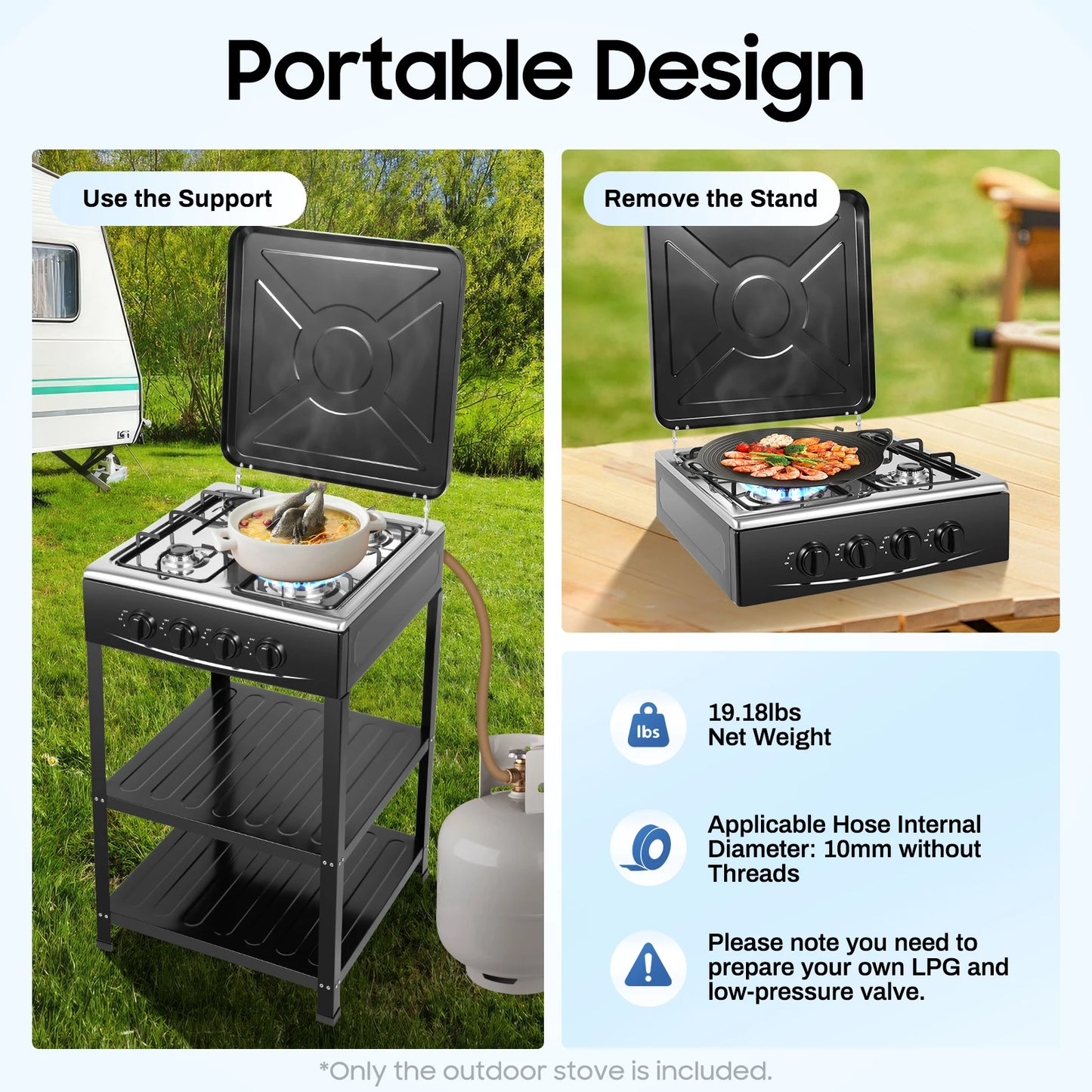 4 Burner Gas Stove Portable Outdoor Stove w/ Wind Blocking Cover , LPG Gas Stove with 2 Storage Shelves for RV, Outdoor Cooking