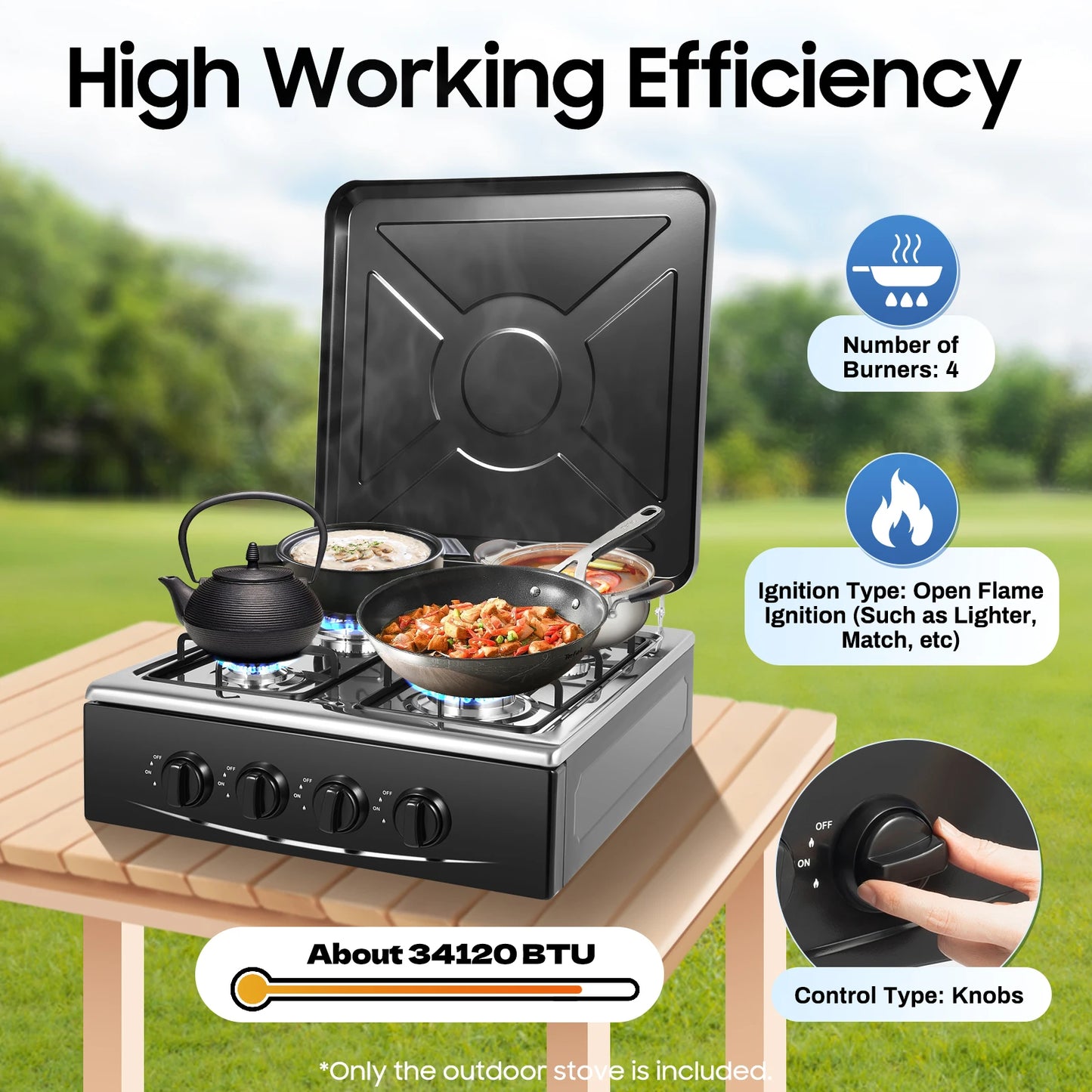 4 Burner Gas Stove Portable Outdoor Stove w/ Wind Blocking Cover , LPG Gas Stove with 2 Storage Shelves for RV, Outdoor Cooking