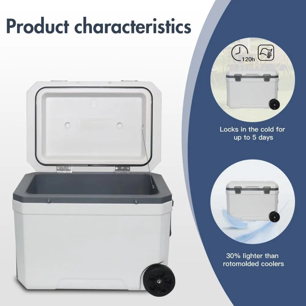 Ultra-Light Wheelded Cooler Insulated Portable Ice Chest 47.5 Quarts for Beach, Beverage, Camping, Beverage, Picnic, Fishing, Bo