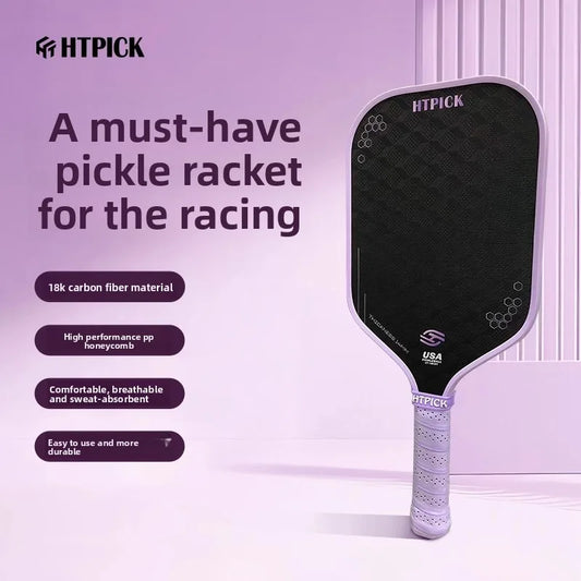 18K carbon fiber pickle racket with cold pressed cloth pattern surface increases strength and rotation. New design for 3D three-