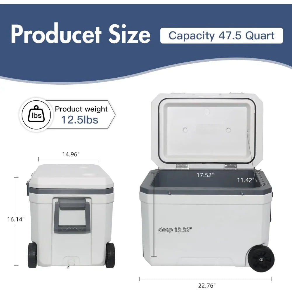 Ultra-Light Wheelded Cooler Insulated Portable Ice Chest 47.5 Quarts for Beach, Beverage, Camping, Beverage, Picnic, Fishing, Bo