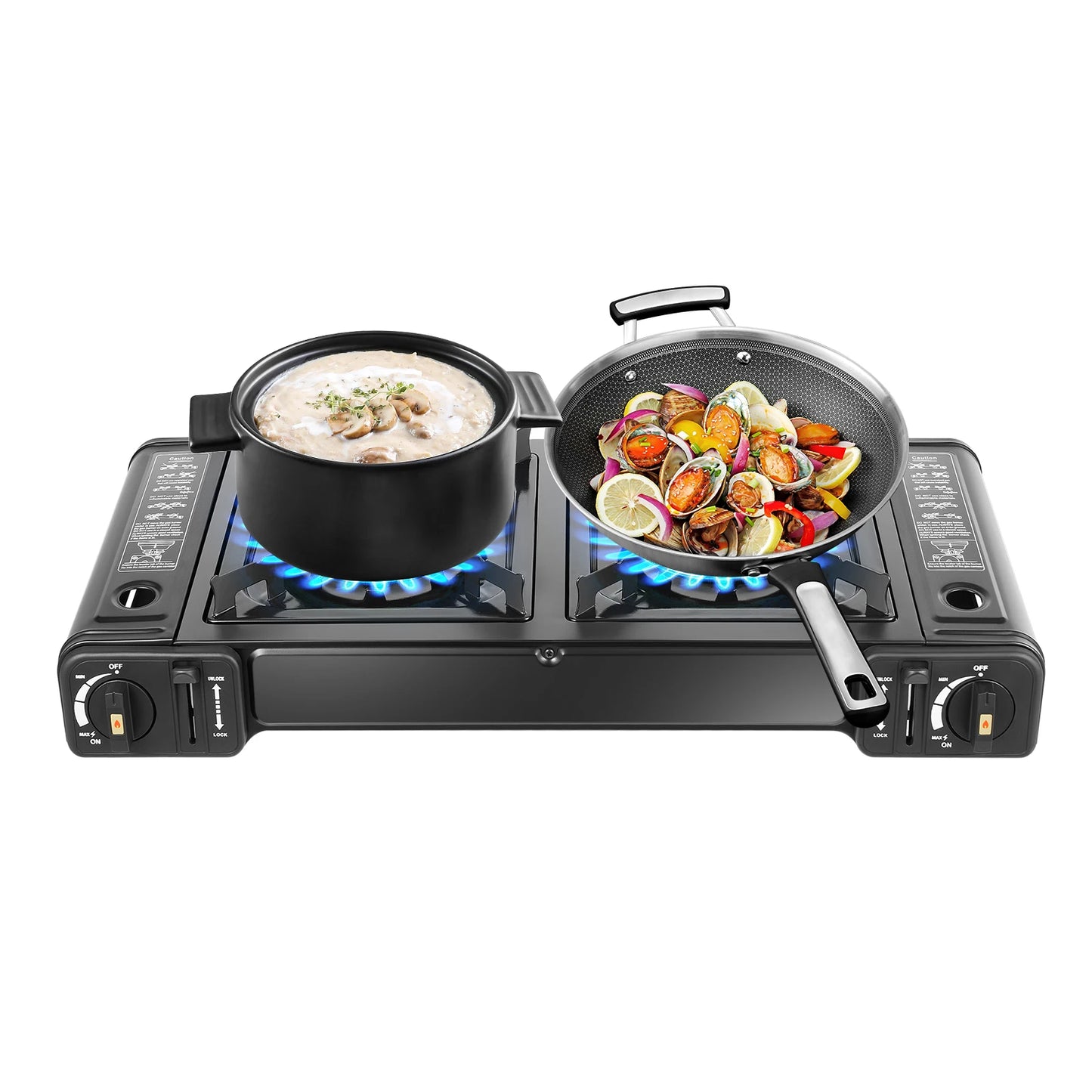 2in1 2-Burner Portable Camping Stove, Butane Camping Stove Kit w/Baking Pan and Carrying Case, Auto Ignition Camping Burner LPG