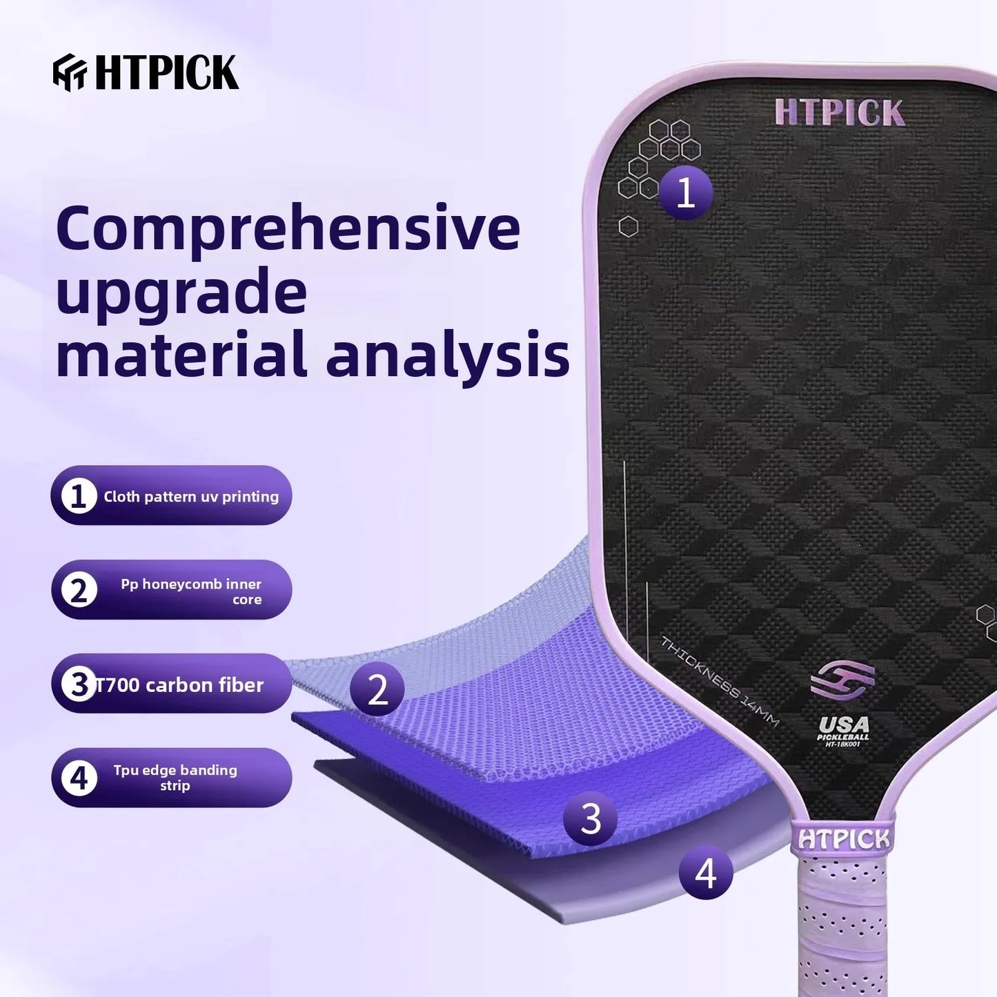 18K carbon fiber pickle racket with cold pressed cloth pattern surface increases strength and rotation. New design for 3D three-