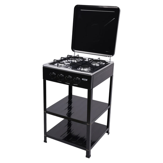 4 Burner Gas Stove Portable Outdoor Stove w/ Wind Blocking Cover , LPG Gas Stove with 2 Storage Shelves for RV, Outdoor Cooking