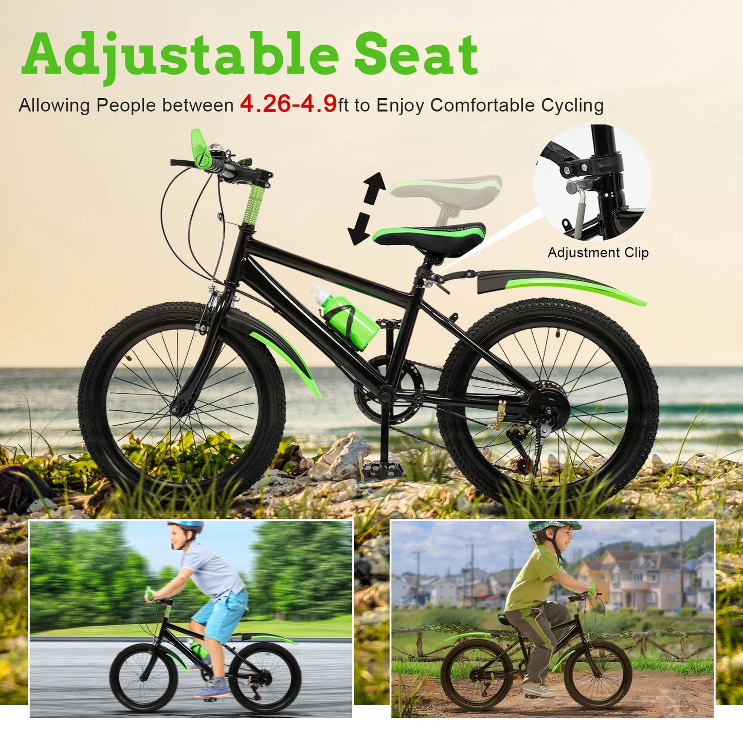 20 Inch Mountain Bike 7 Speed Gears, Adjustable Seat Kids' Bike with Mudguards Kettle Holder Kettle for Boys Girls 8-13 years