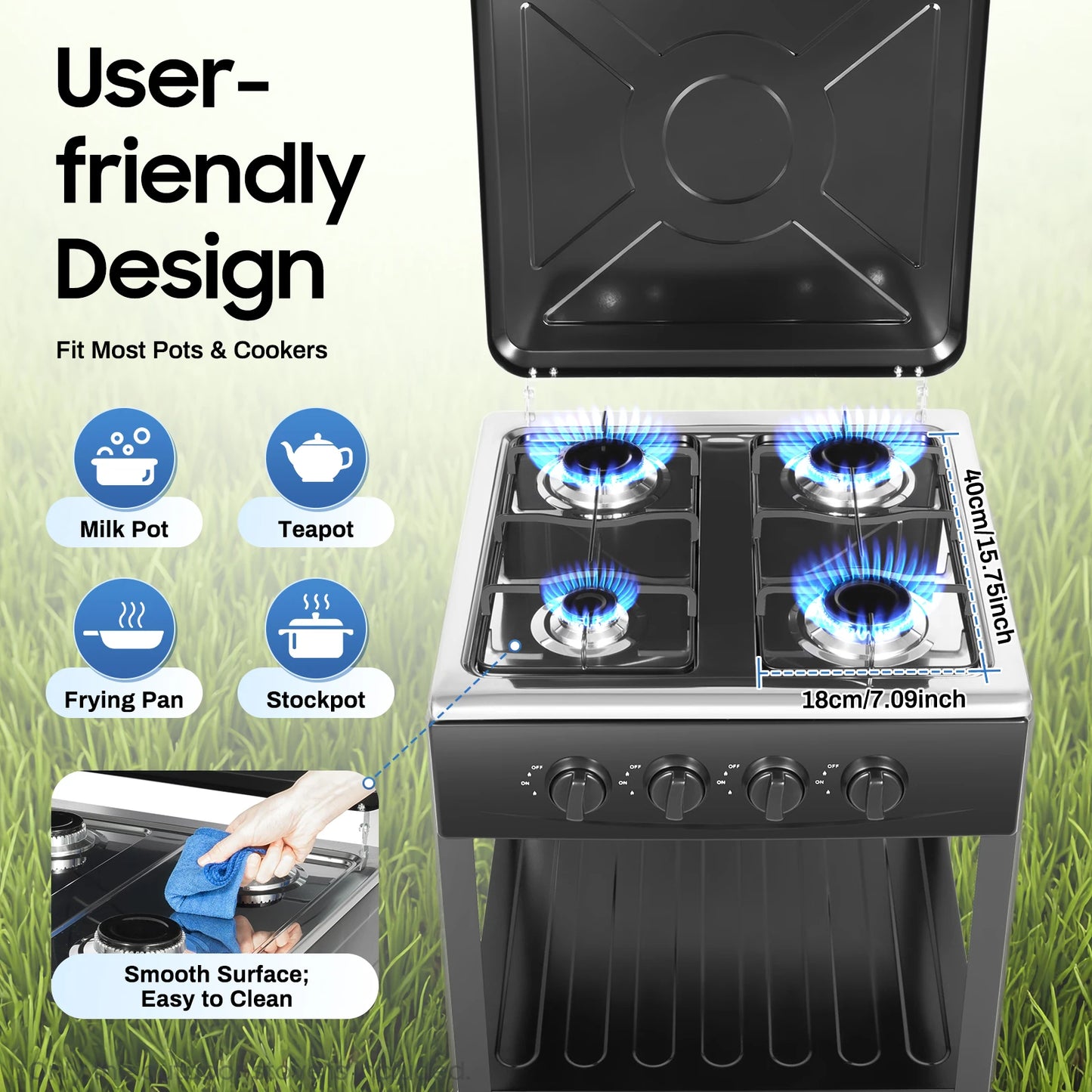 4 Burner Gas Stove Portable Outdoor Stove w/ Wind Blocking Cover , LPG Gas Stove with 2 Storage Shelves for RV, Outdoor Cooking