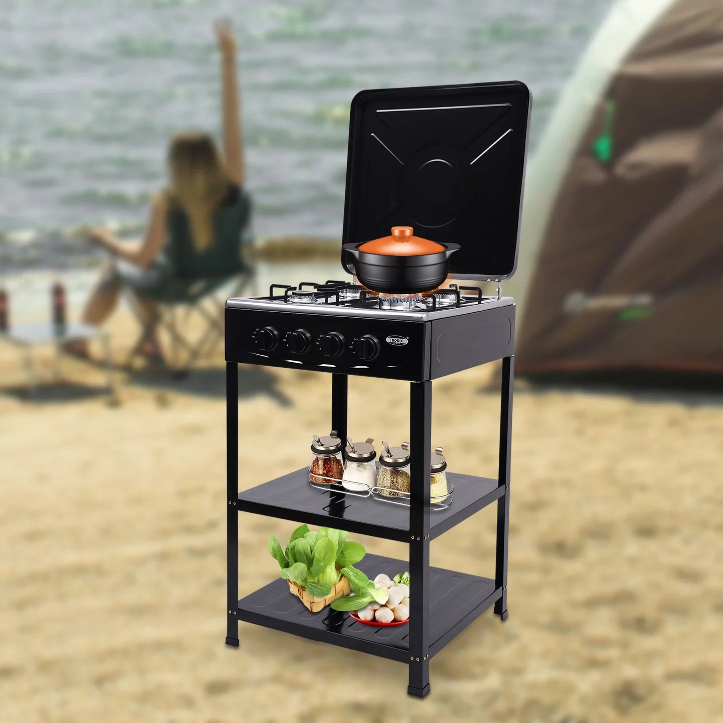 4 Burner Gas Stove Portable Outdoor Stove w/ Wind Blocking Cover , LPG Gas Stove with 2 Storage Shelves for RV, Outdoor Cooking