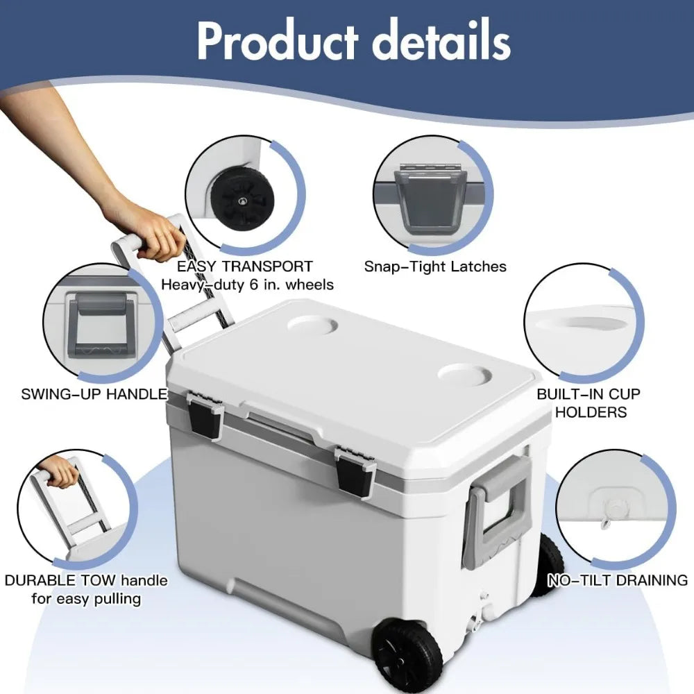 Ultra-Light Wheelded Cooler Insulated Portable Ice Chest 47.5 Quarts for Beach, Beverage, Camping, Beverage, Picnic, Fishing, Bo